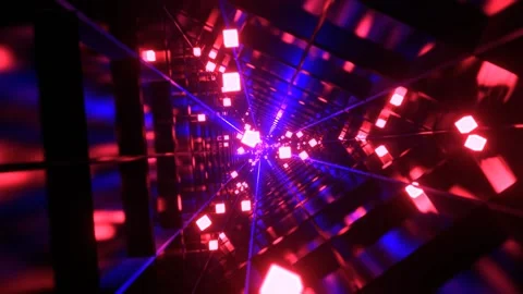 Blue and Light Red Sci-Fi Triangular Tunnel with Neon Cubes Background VJ Lo Stock Footage 294912471