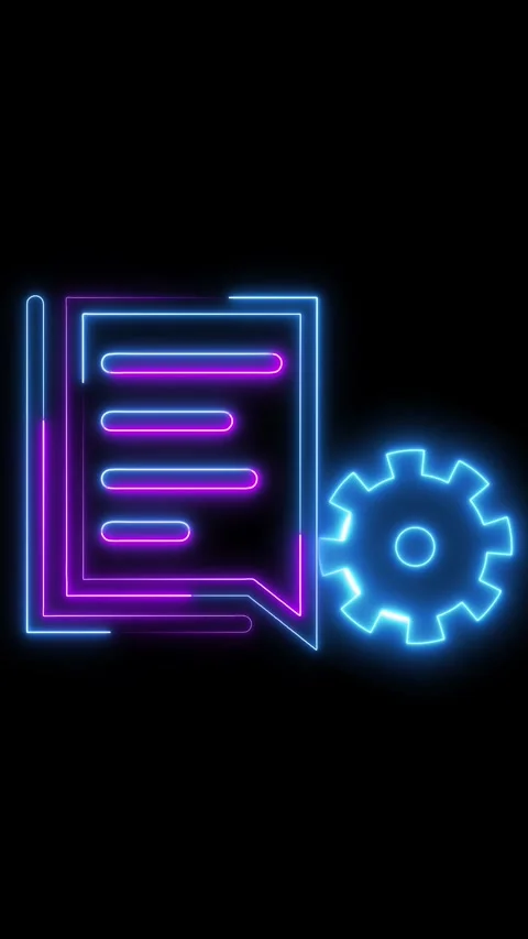 Blue and magenta neon document icon features speech bubble and gear. Docume.. Stock Footage 344862000