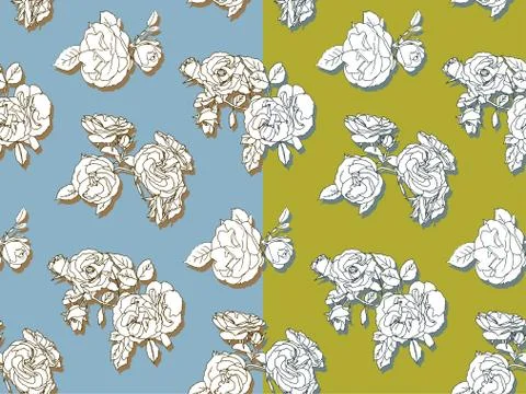 Blue and Mustard line patterns of wild roses. Illustrazione stock