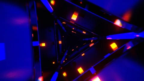 Blue and Orange Abstract Triangular Corridor with Shimmering Cubes Backgroun Video stock 300249735