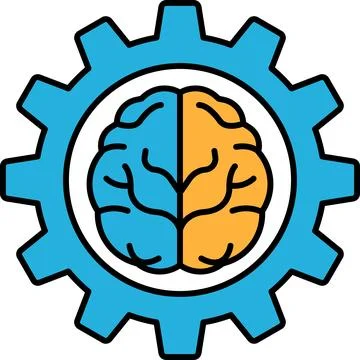 A blue and orange brain is shown in the center of a gear Illustrazione stock