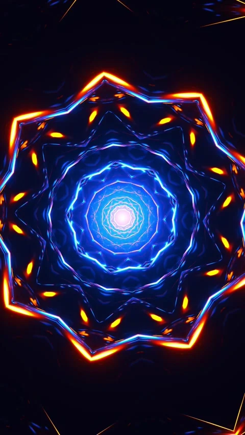 Blue and orange circular design with lights. Kaleidoscope VJ loop Vertical. 3D Stock Footage 314300974