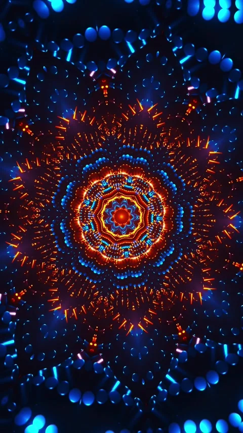 Blue and orange circular pattern with lights. Kaleidoscope VJ loop Vertical. 3D Stock Footage 314000329