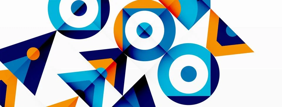 A blue and orange geometric pattern with circles and triangles on a white Stock Illustration