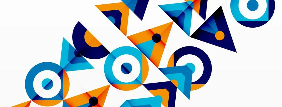 A blue and orange geometric pattern with circles and triangles on a white Illustrazione stock