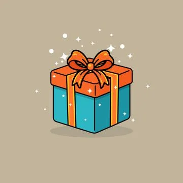 Blue and orange gift box with stars design, multi color bow and ribbon on s.. Stock Illustration