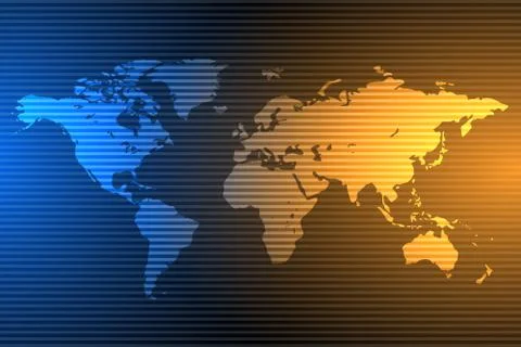 Blue and orange global map background with vertical lines, vector Stock Illustration