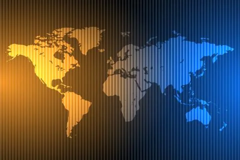 Blue and orange global map background with horizontal lines, vector Stock Illustration