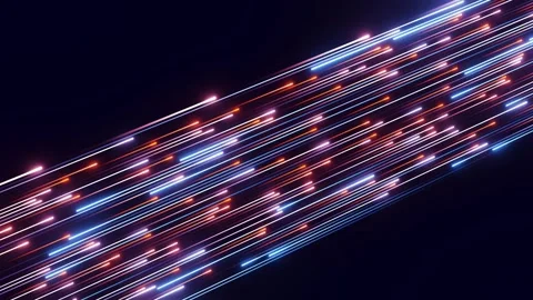 Blue and orange glowing lines moving fast representing data transfer and network Stock Footage 335747450