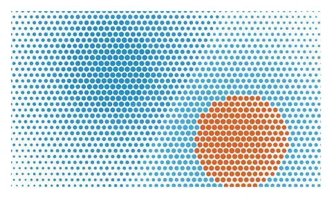 Blue and orange halftone dot pattern background with gradient spheres on wh.. Stock Illustration