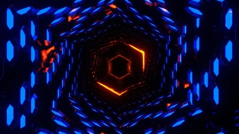 Blue and Orange Hexagonal Neon Honeycomb Tunnel Background VJ Loop in 4K Stock Footage 312798139