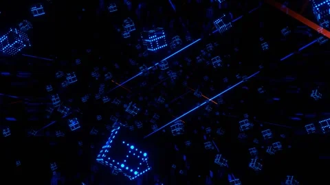 Blue and Orange Levitating Cubes and Neon Lines in Cyberspace Background VJ  Stock Footage 328356807