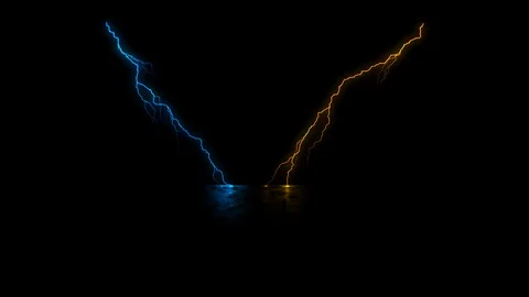 Blue and orange lightning strikes to the floor. Motion graphics. Stock Footage 128930328