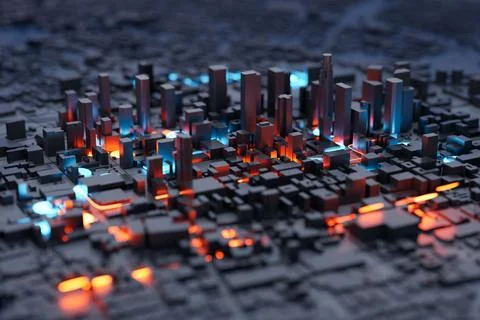 Blue and orange lights in smart city 3D miniature model. 3D rendering. Ilustración de archivo