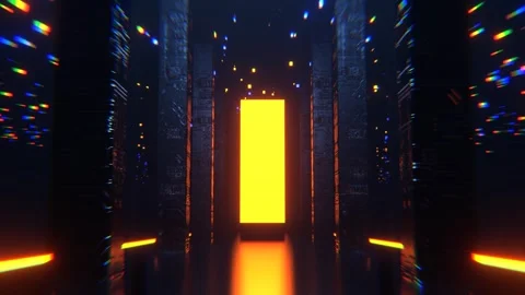 Blue and Orange Neon Sci-Fi Hall with Tall Columns and Portal Background VJ  Stock Footage 301885897