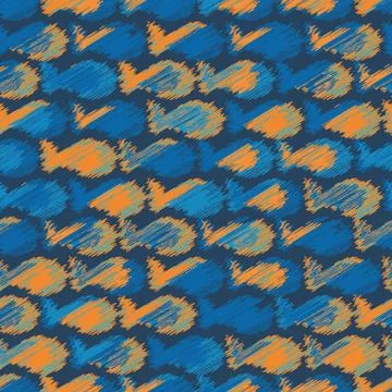 Blue and orange scribbled fish silhouettes seamless vector pattern Stockillustratie