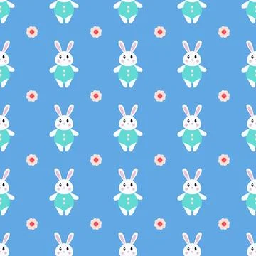 A blue and pink background with a pattern of rabbits and flowers Stock Illustration
