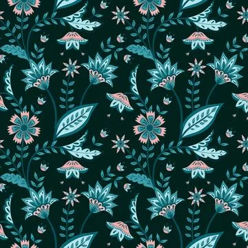 A blue and pink flower pattern on a black background Stock Illustration