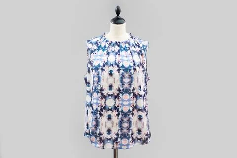 Blue and pink multicolored patterned floral short sleeve top blouse Stock Photos