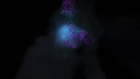 Blue and pink neons flash across the dark stormy sky. Fireworks during a Stock Footage 168340406