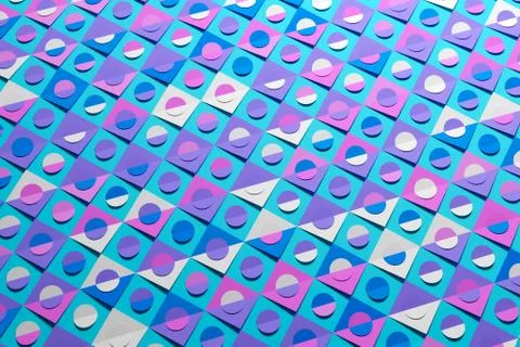 Blue and pink pattern in geometric ornamental style with squares and circles. Foto stock