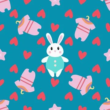 A blue and pink patterned background with a rabbit and a baby outfit Stock Illustration