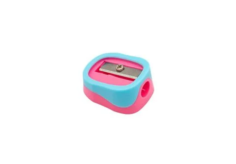 Blue and pink sharpener on white background, creative school concept Stock Photos