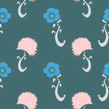 Blue And Pink Simple Vector Floral Seamless Pattern On Teal Illustrazione stock