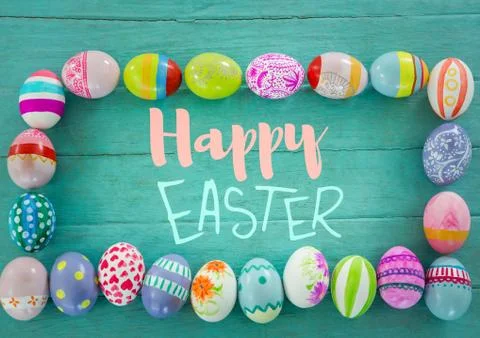 Blue and pink type surrounded by easter eggs on teal table Stock Illustration