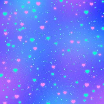 Blue and purple gradient background with glowing turquoise and pink hearts Stock Illustration