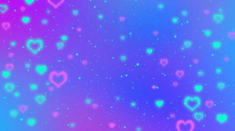 Blue and purple gradient background with glowing turquoise and pink hearts Stock Illustration