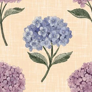 Blue and Purple Hydrangea Pattern on Textured Peach. Seamless botanical Stock Illustration