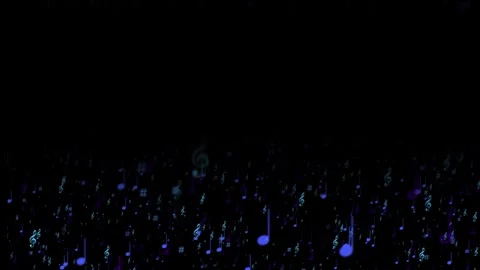 Blue and purple musical notes rise deep black glowing rhythm field with soft foc Stock Footage 340564758