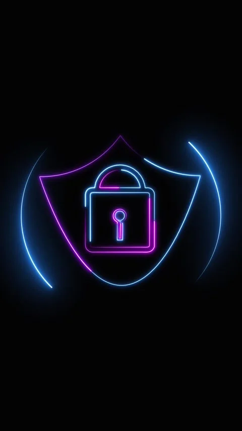 Blue and Purple Neon Lock and Shield Symbol on a Black Background security .. Stock Footage 337463142