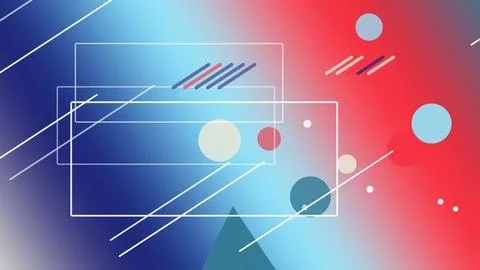 Blue and red abstract gradient with layered geometric frames, floating circ.. Ilustração Stock
