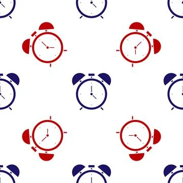 Blue and red Alarm clock icon isolated seamless pattern on white background Illustrazione stock