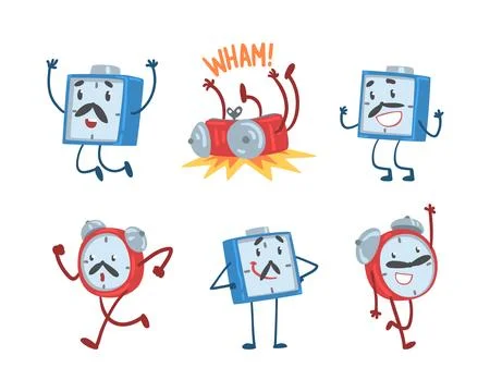 Blue and Red Alarm Clock Character with Funny Face Expression Vector Set イラスト素材