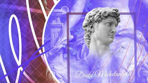 Blue and red background. Motion.Antique art, Michelangelo's David sculpture in Stock Illustration