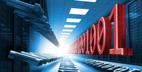 Blue and red binary code in data center hall leading to light Stock Illustration