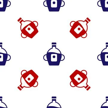 Blue and red Bottle of maple syrup icon isolated seamless pattern on white Illustrazione stock