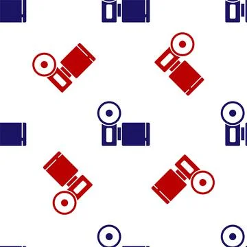 Blue and red Cinema camera icon isolated seamless pattern on white background Stock Illustration