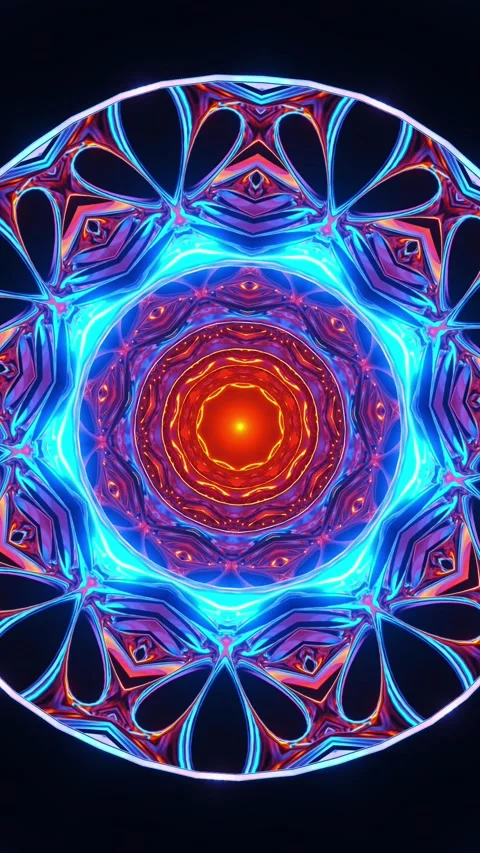 Blue and red circular pattern with bright light. Kaleidoscope VJ loop Vertical. Stock Footage 314835286