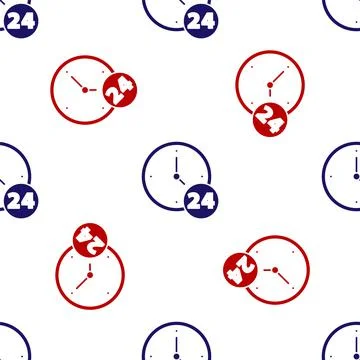 Blue and red Clock 24 hours icon isolated seamless pattern on white background Stock Illustration
