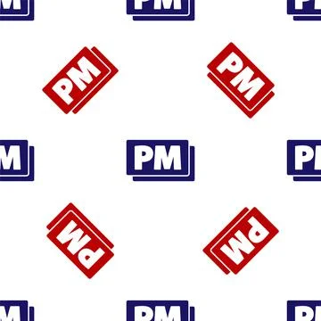 Blue and red Clock PM icon isolated seamless pattern on white background. Time 스톡 일러스트