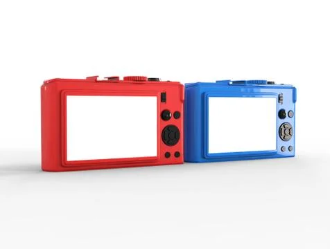 Blue and red compact digital photo cameras - back view Illustrazione stock