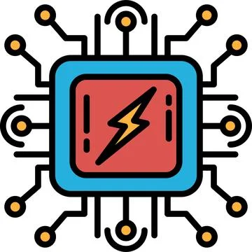 A blue and red computer chip with a lightning bolt on it Stock Illustration