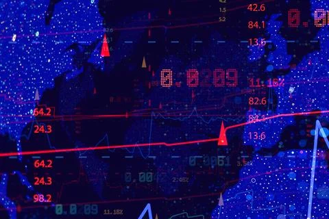 Blue and red digital world map with glowing data layers, trend lines and nu.. Stock Illustration