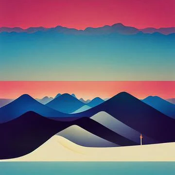 Blue and red dominated illustration of a mountain range Stock Illustration