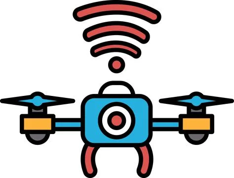 A blue and red drone with a camera on top Stock Illustration