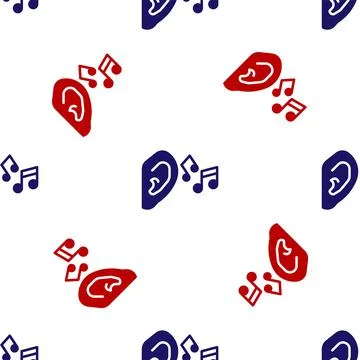 Blue and red Ear listen sound signal icon isolated seamless pattern on white Stock Illustration